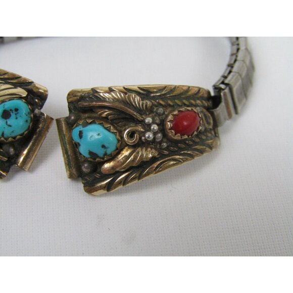 VTG Sterling Silver 12kt Gold F Womens Southwestern Turquoise Coral Watch Band - Picture 3 of 10